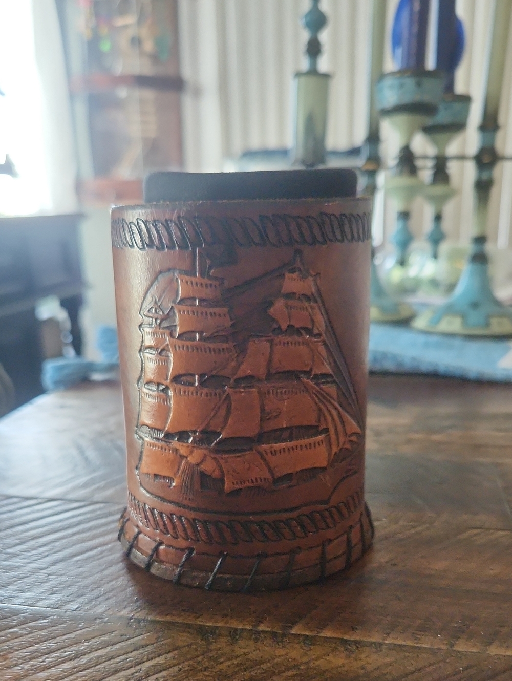 Leather hand-tooled Nautical Koozy